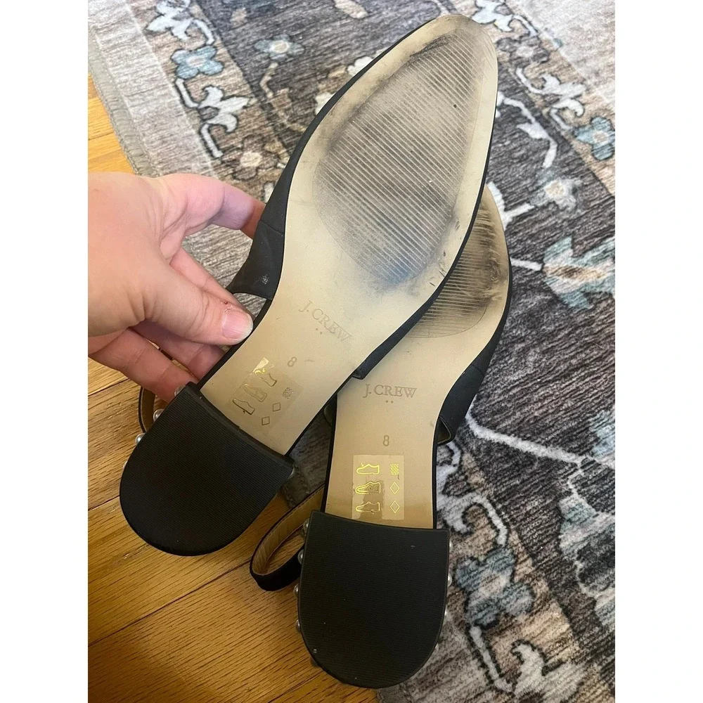J.Crew Women's Black Embellished Pearl Heel‎ Slingback Flat Shoes Sz 8 BU506